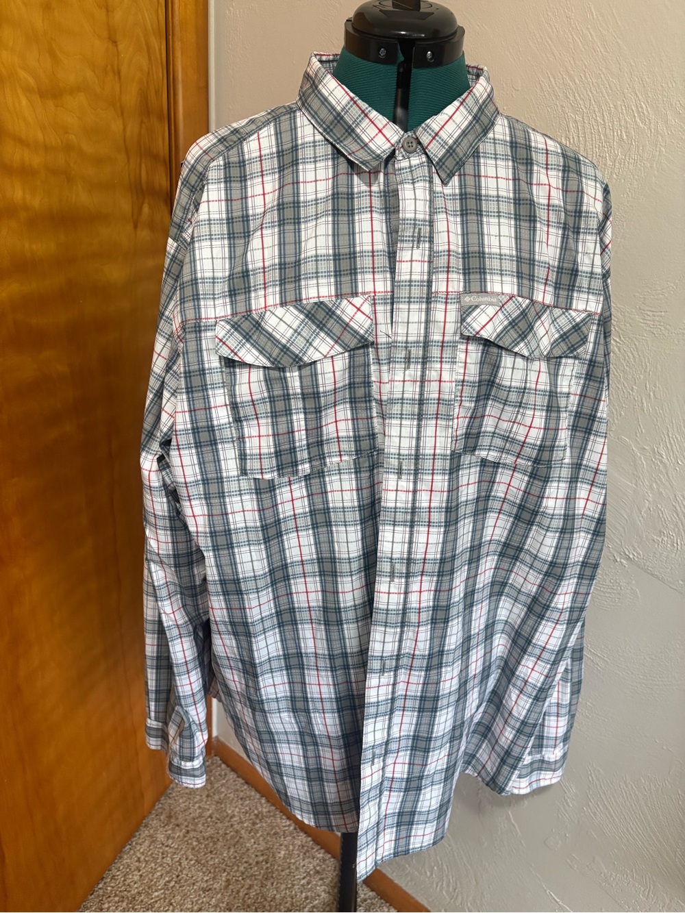 Columbia Men's Plaid Button-Down Shirt in White, Blue & Red
